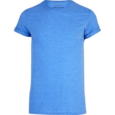 Blue marl roll sleeve crew neck t-shirt