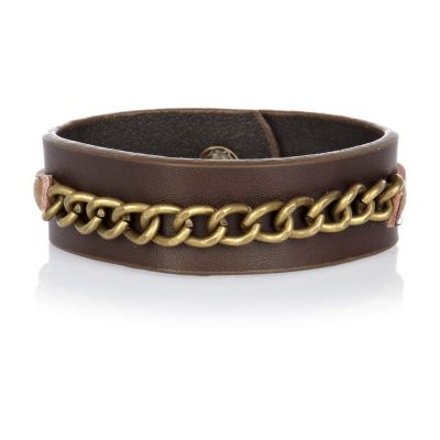 Brown leather chain cuff bracelet