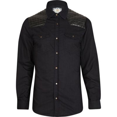 Blue leather-look quilted patch denim shirt