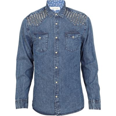 Mid wash studded shoulder denim shirt