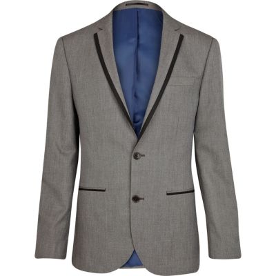Grey contrast trim slim suit jacket