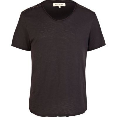 Black low scoop stud shoulder t-shirt