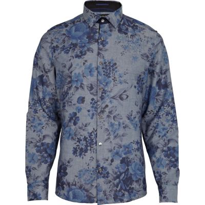 Blue floral print long sleeve shirt