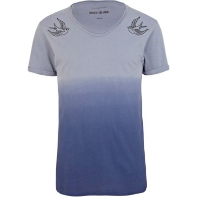 Blue dip dye swallow tattoo print t-shirt