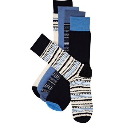 Ecru and blue fairisle aztec ankle socks pack