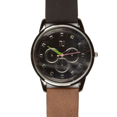 Brown colour block strap round watch