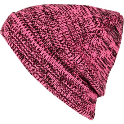 Pink fluro and black twisted knit beanie hat