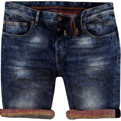 Mid wash contrast turn up denim shorts