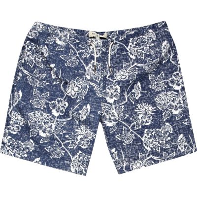 Blue floral print mid length swim shorts
