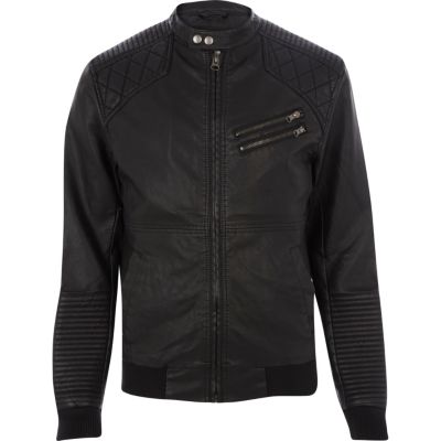 Black quilted panel collarless biker jacket