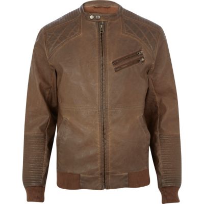 Brown quilted panel biker jacket