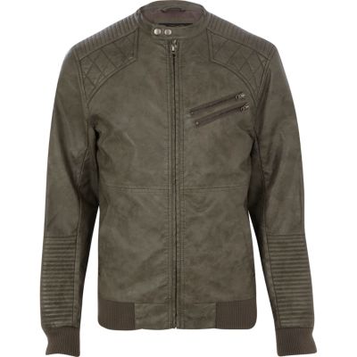 Grey quilted panel biker jacket