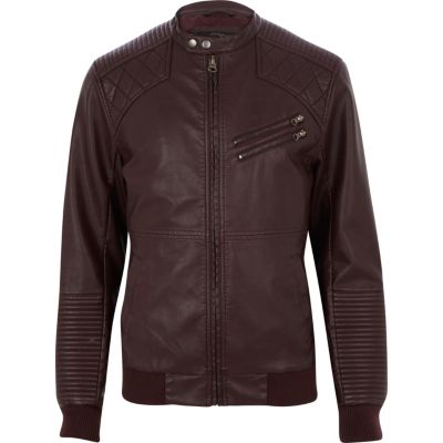 Dark red quilted panel biker jacket