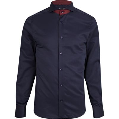 Navy cut-away collar long sleeve shirt 