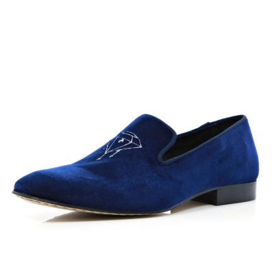 Navy velvet embroidered slipper shoes