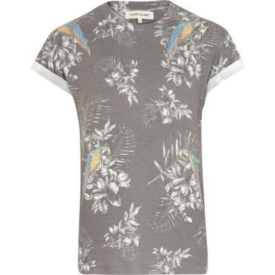 Grey tropical parrot print t-shirt