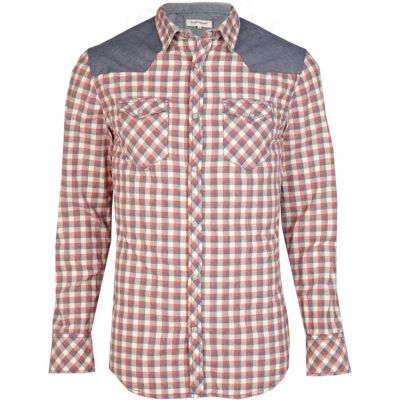 Red gingham denim shoulder patch shirt