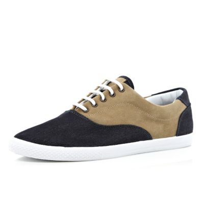 Blue denim and tan colour block plimsolls