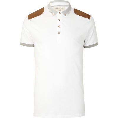 White twill shoulder patch polo shirt
