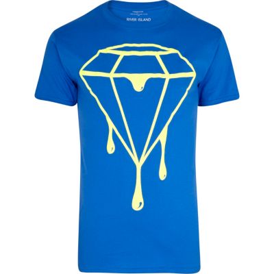 Blue neon dripping diamond print t-shirt