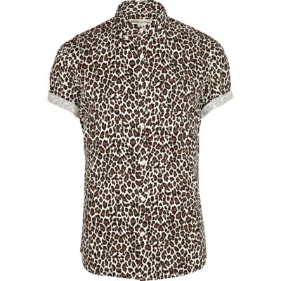 Brown leopard print roll sleeve shirt
