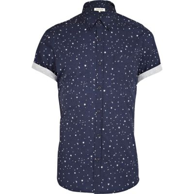 Navy moon print short sleeve shirt