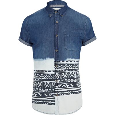 Mid wash dip dye aztec stripe denim shirt