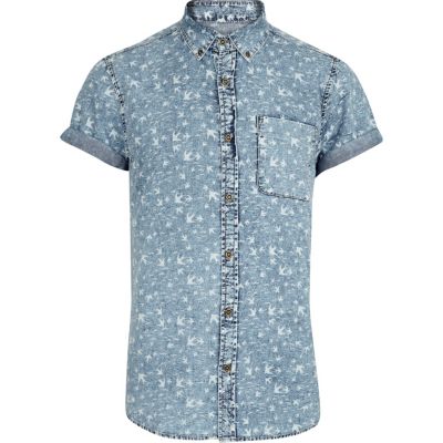 Light wash swallow print denim shirt 