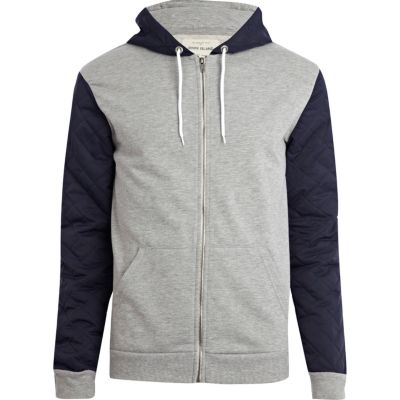 Grey marl quilted nylon sleeve hoodie