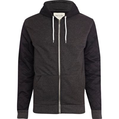 Black marl quilted nylon sleeve hoodie