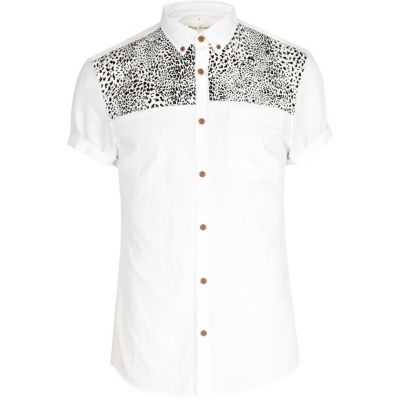 White leopard print panel Oxford shirt