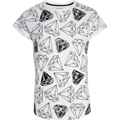 White diamond print roll sleeve t-shirt