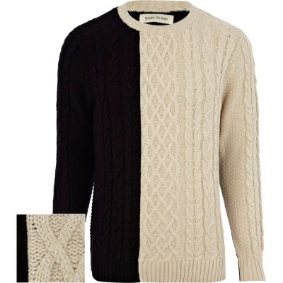 Ecru colour block cable knit jumper