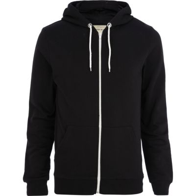 black zip up hoodie with white strings