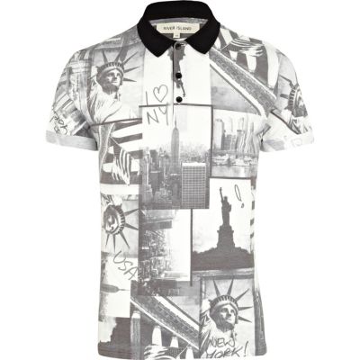 Black New York print polo shirt