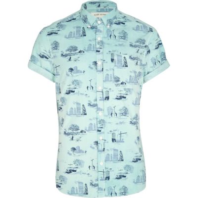 Mint green urban print short sleeve shirt 