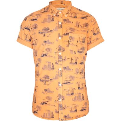 Orange urban print short sleeve shirt 