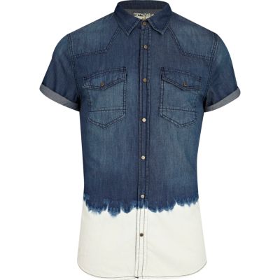 Blue bleached dip dye denim shirt 