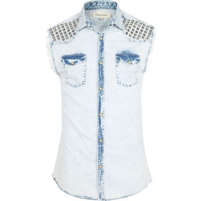 Light wash studded sleeveless denim shirt