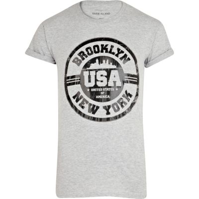 Grey marl Brooklyn USA print t-shirt