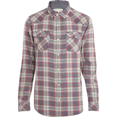 Navy acid wash western check shirt