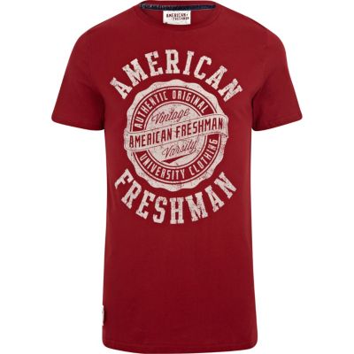 Red American Freshman logo print t-shirt