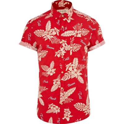 Red Hawaiian print short sleeve shirt