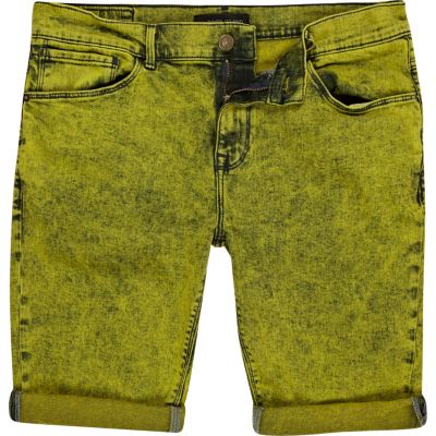 Yellow acid wash denim shorts