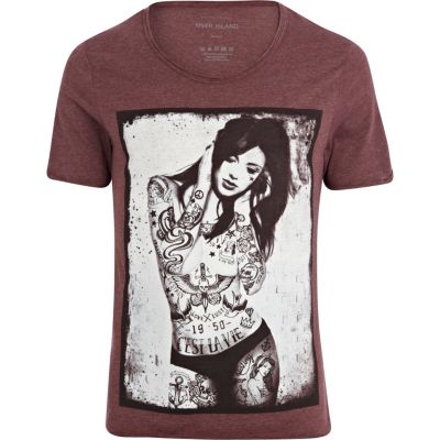 Red tattoo girl print scoop neck t-shirt