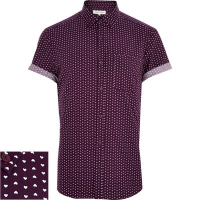 PURPLE DITSY HEART PRINT SHORT SLEEVE SHIRT