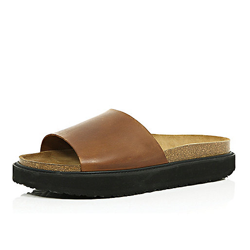 Brown leather chunky slide sandals