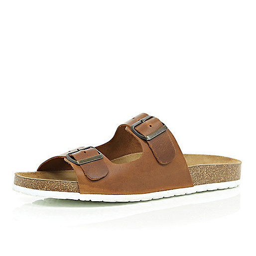 Brown leather double buckle sandals