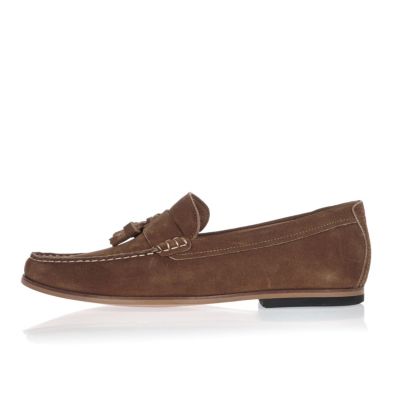 Brown suede slip on tassel loafers