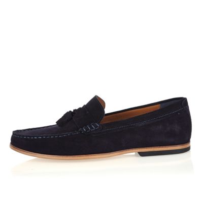 Navy suede tassel loafers